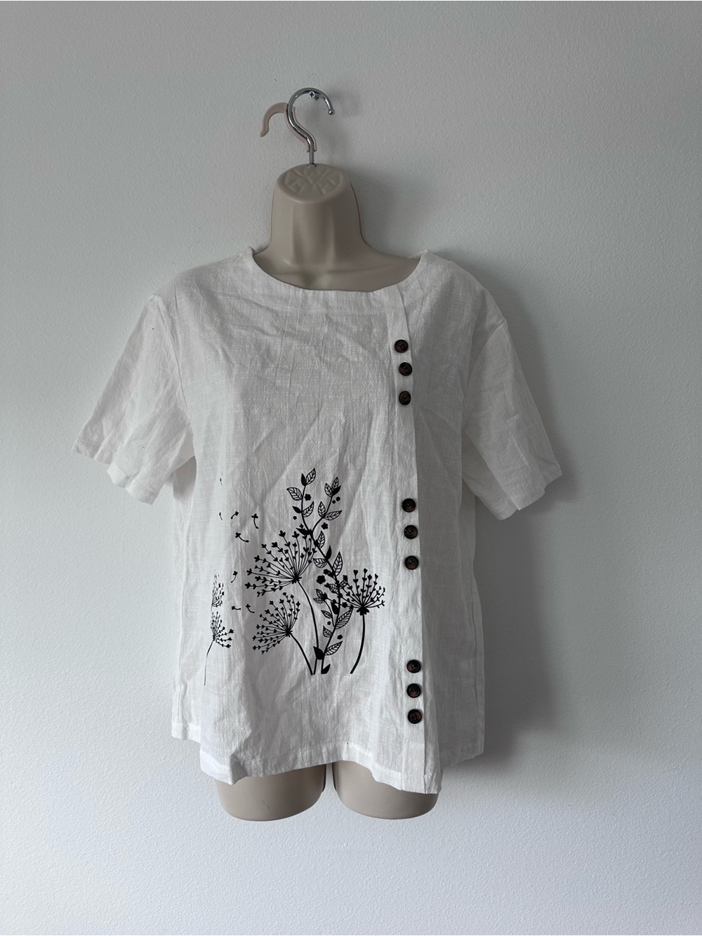 White Linen Floral Button Front Top